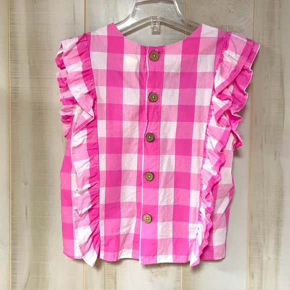 Love Is All Pink White Cotton Ruffle Front Blouse Sz S - Picture 2 of 3